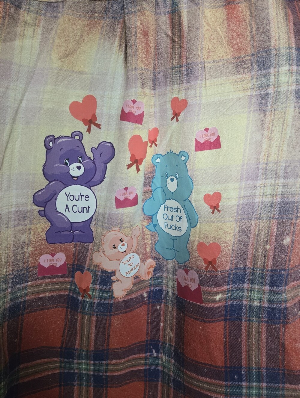 Upcycled Plaid Flannel Top w/ Cute Bear Graphic & Bleach Wash LS06 - Picture 9 of 10